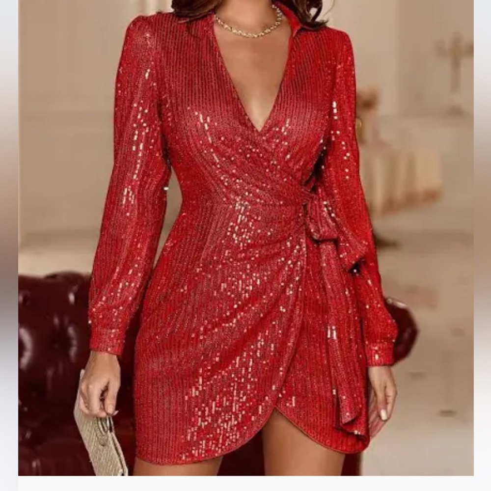 Red Sequin Wrap Dress Long Sleeve V Neck Double Crazy Size S Party Club Mini - Picture 2 of 11